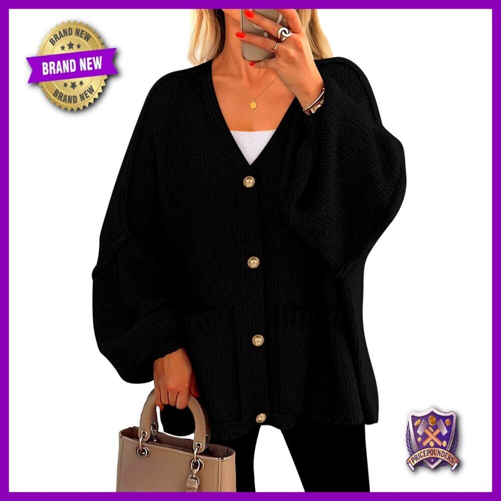 Oversized Chunky Knit Cardigan Lantern Sleeve Drop Shoulder Pockets